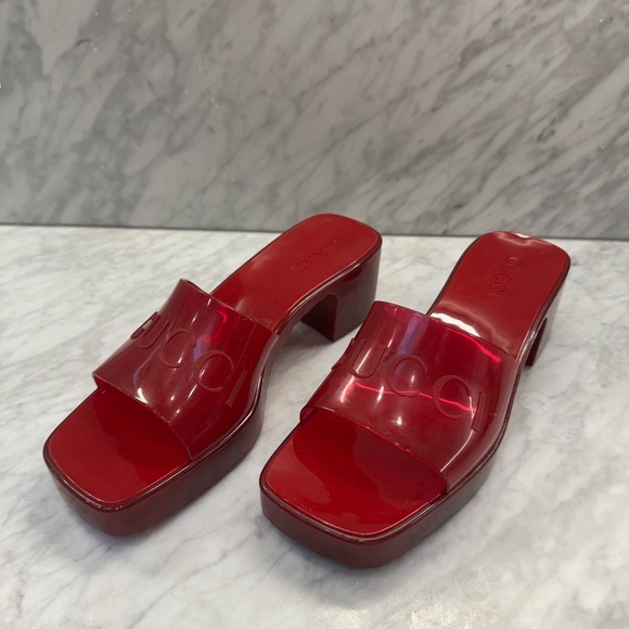 Gucci “Plastique” Logo Rubber Heeled Red Mule Slides Sandals 37.5 - Picture 3 of 8